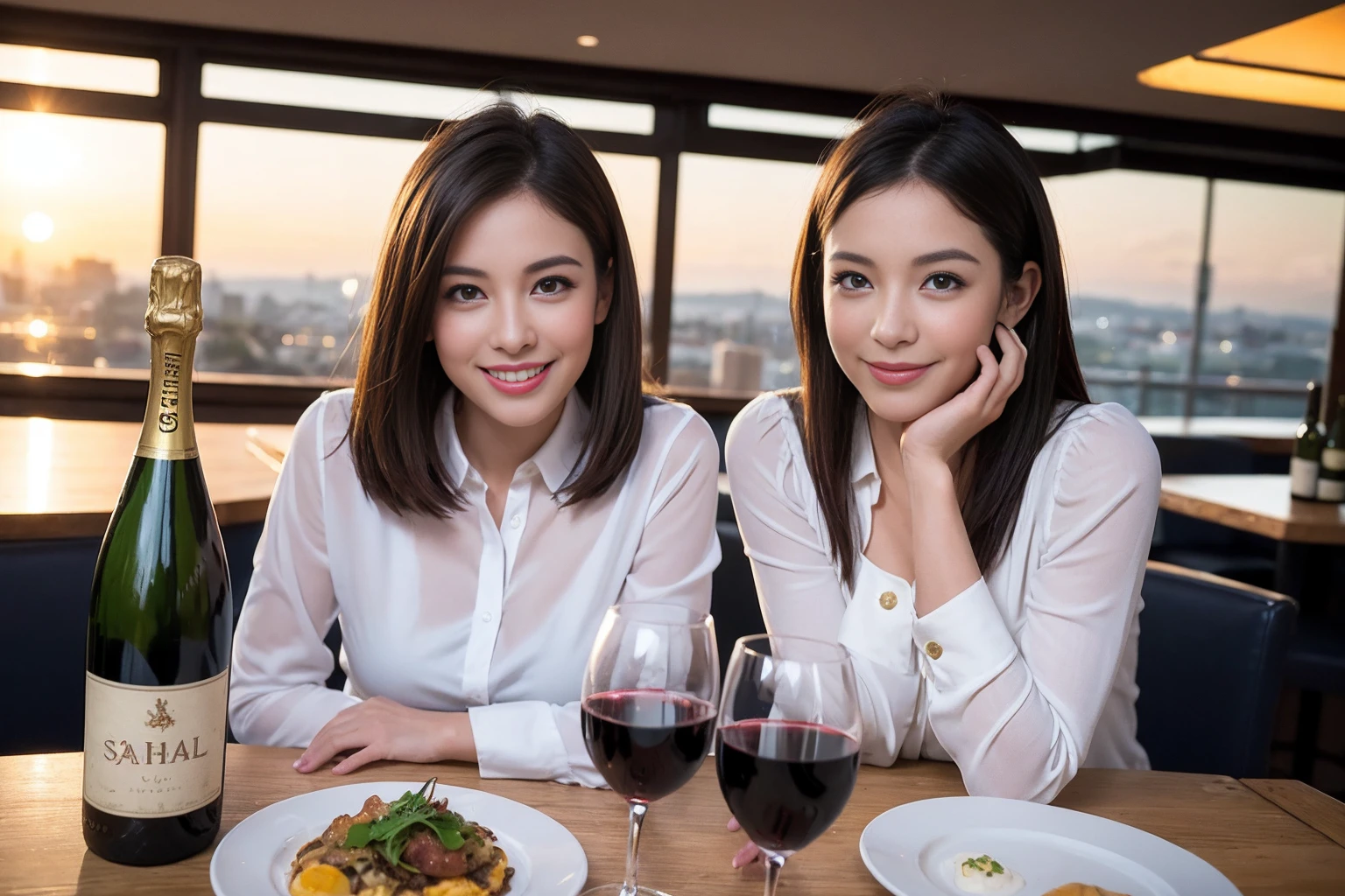 ((Highest quality、、masterpiece:1.3))、1 male、1 female、Slim lover、Beautiful couple、smile、full-course dinner、 (Slim face), (the body is スリム), (Brown Hair), (Shortcuts), ((Bob Hale、Straight hair:1.2)), テーブルの上のwine glass、Shine light on your face、 Amazing view of the sunset sky and clouds、smileの美しさ、Bright image、Blushing, Shortcuts, (43 years old), 39 years old, Appetizers、Italian food、Wine bottle、Champagne、sparkling wine、Long sleeve shirt、dress、Attractive beauty、restaurant, Nova Frog Style, actress, model, Upper Body, White wine, red wine, wine glass,