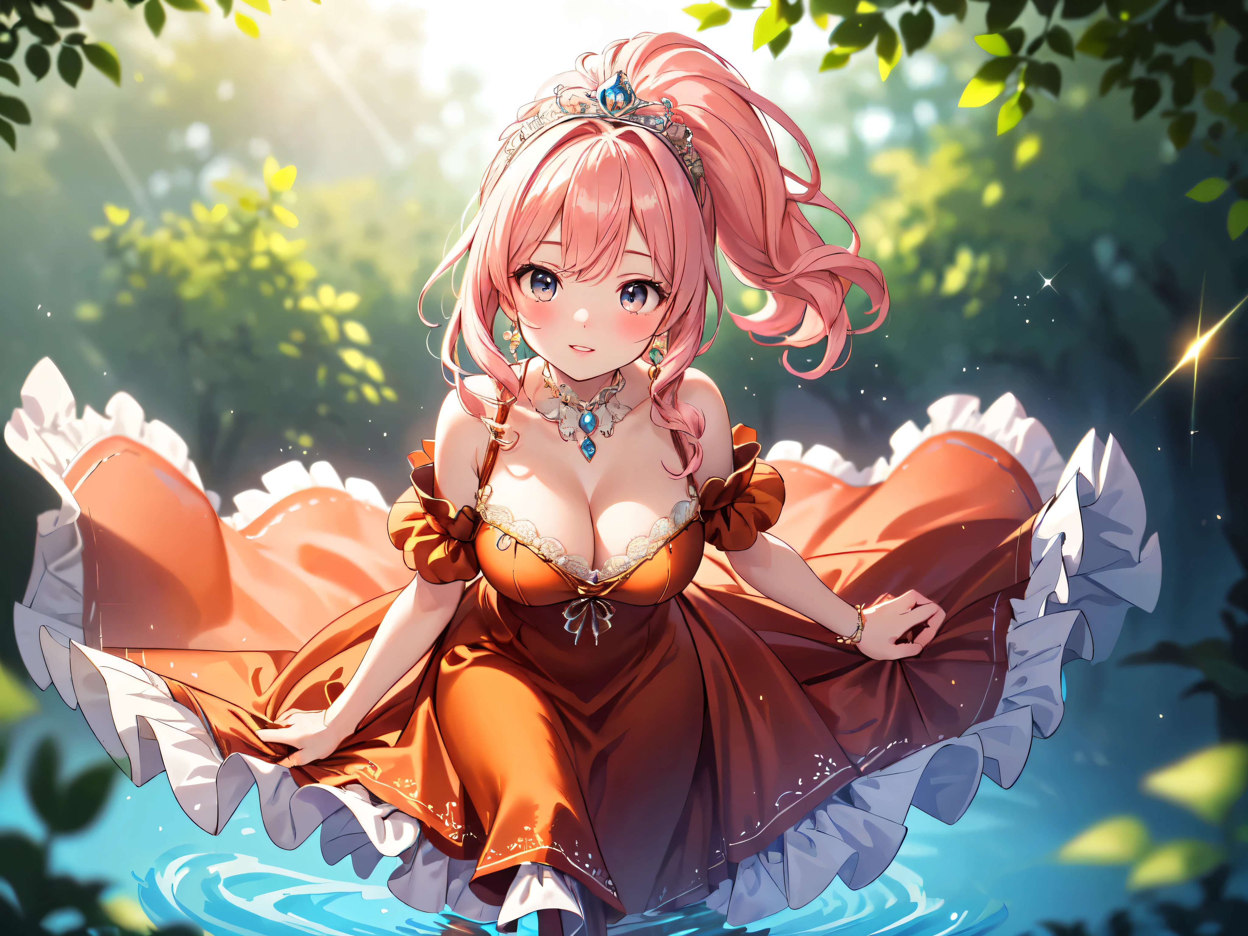 (((masterpiece))), (((best quality))), (((ultra detailed))), ((an extremely delicate and beautiful)), (unity 16k wallpaper), (Moe anime art style:1.3), 
BREAK 
(((solo princess young face))), (18 years old), (???????????? cleavage focus), sweat on the ?????, 
BREAK 
(ponytail pink fluffy hair:1.5), Curly Hair, (Expressive hair), (very voluminous long hair), Spreading hair, bangs, Beautiful tiara silver and jewels,,,,,,,,,,,,,,,,,,,,,,,,,,,,,,,,,,,,,,,,,,,,,,,,,,,,,,,,,,,,,,,,,,,,,,,,,,,,,,,,, 
BREAK 
(super delicate and beautiful face:1.3), ((hyper detail delicate beautiful)), ((beautiful lips)), (face focus:1.1), beautiful smile,,,,,,,,,,,,,,,,,,,,,,,,,,,,,,,,,,,,,,,,,,,,,,,,,,,,,,,,,,,,,,,,,,,,,,,,,,,,
BREAK 
((Gorgeous rococo English gown dress in dark orange satin:1.3)),  ((with long hem and voluminous hoop skirt at full length)), ((and over skirt with plenty of frills and luxurious embroidery and precision lace fabric)), A gorgeous Rococo Marie Antoinette English gown dress with a long hem and voluminous full-length hoop skirt 　and over skirt with plenty of frills and luxurious embroidery and precision lace fabric,, BREAK 
((cowboy shot)), (looking up, from front, leaning forward, from above), (depth of field:1.9), (blurry background:1.2), (backlighting:1.3), (nature:1.3), (walking on water in forest), (light sparkles), light rays, (light leaks:1.3), 