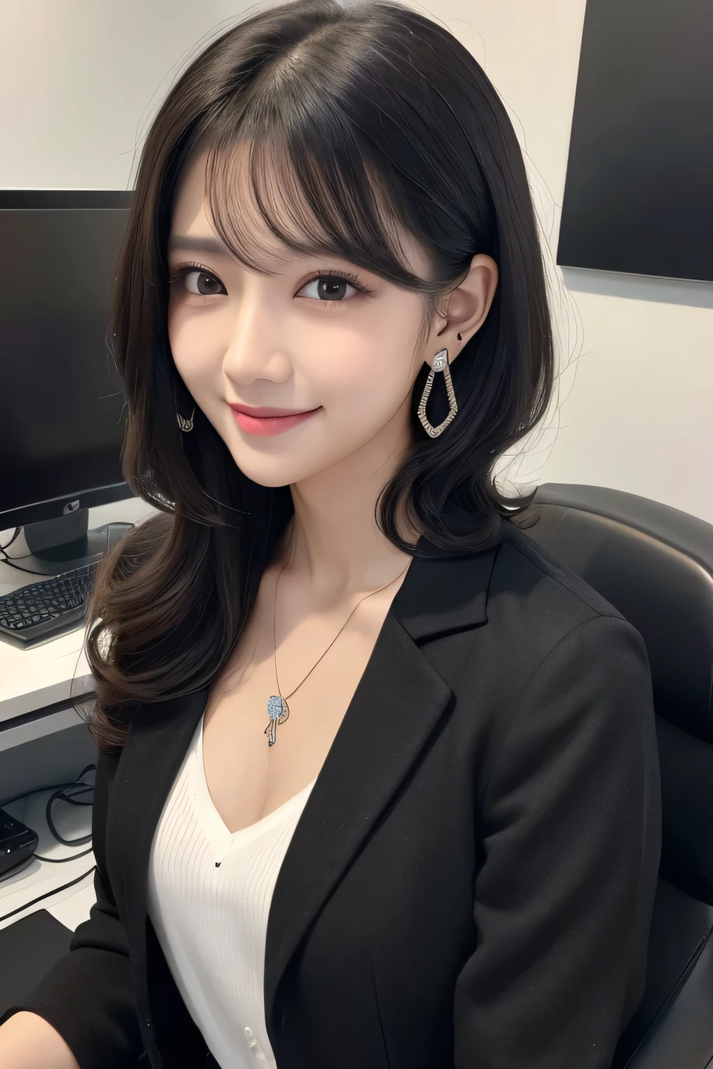Beautiful young woman、 Thick black hair、Wavy Hair、Working in front of a computer、Necklace around the neck、Office Lady Suits、Jacket、Unbuttoned shirt、Flashy makeup、smile、Beautiful teeth alignment、short hair、Intricate details, Very detailed:1.2), 、 Looking into the camera,The background is the office、Necklace around the neck、Dark eyeliner、ear piercing