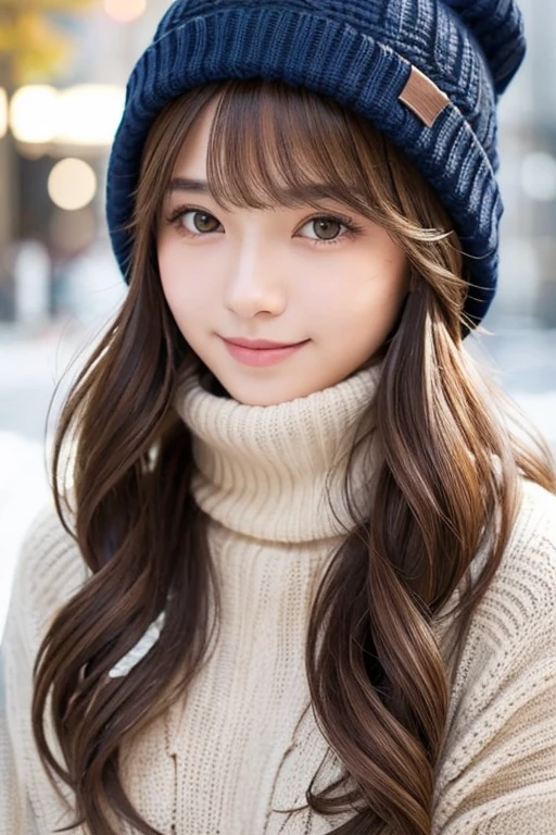 cute woman, Wear knit hats, sweaters, slightly brown hair,
(wavy hair:1.2) , (bangs:1.1),