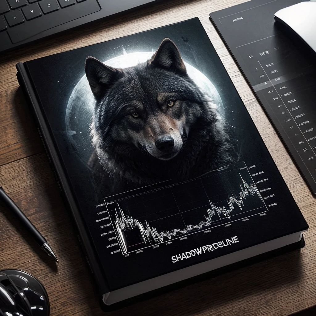 Black cover ebook featuring an aesthetic image of a wolf and a forex chart with the title shadowpriceline