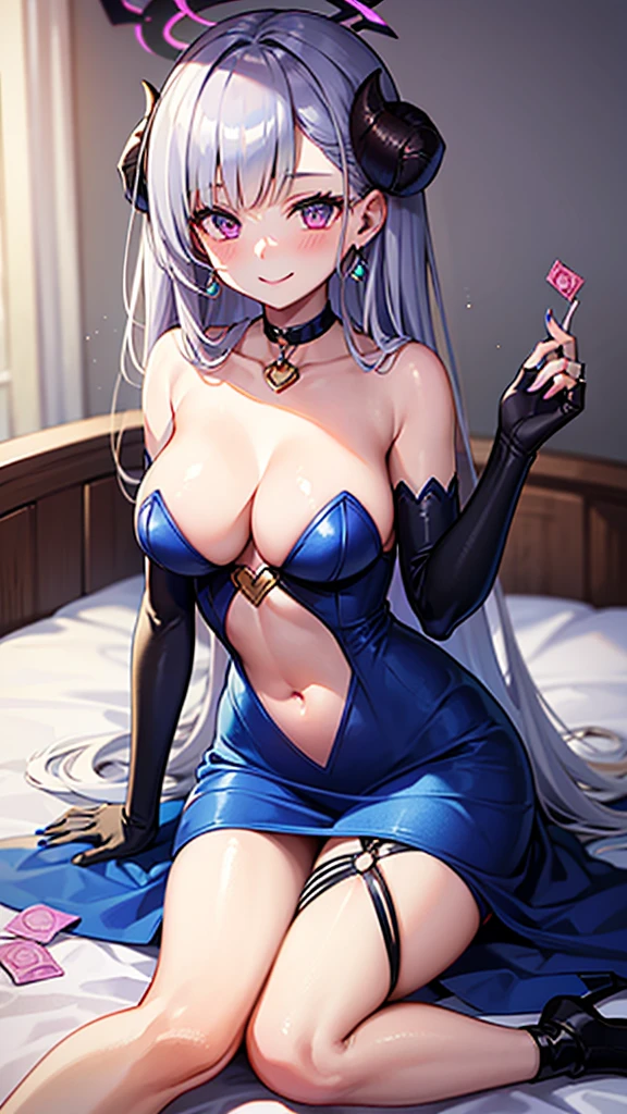 anime girl in blue dress sitting on a bed 1girl, shiny skin, the othersba, the others_(Blue_archive), horns, halo, jewelry, earrings, purple eyes, silver hair, very long hair, mischievous smile, blush, blue dress, Blue latex, clavicle, (waist cut), (o ring:1.2), belly button, fishnet thigh high stockings, polished nails, elbow gloves, Sleeves beyond the wrist, vapor, bedroom, simple background, (condom)