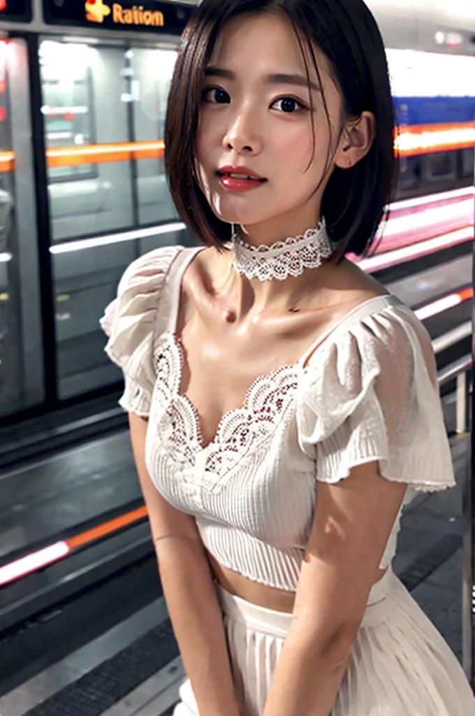 (((Ultimate Photorealistic, ultimate high-quality 32k photo))),(((A cowboy-shot photo taken from the front, looking at viewer))),(((( Seductive pose, 7 heads、Staring Intently :1.8)))),(((A pure white business blouse with a wide V-neck and extremely thin fabric., Soaking wet、She is looking straight at the camera with a very shy look on her face.。light makeup、elegant black wet middle bob。Elegant white lacy choker:1.4)))。((Highest quality)), ((masterpiece)), (((detailed))), (midnight ,A modern train station platform in Tokyo on a dark, pouring, stormy night, Low Key Lighting:1.6)、(((A very beautiful, extremely elegant and intelligent 39-year-old Japanese woman。Very intelligent and plump。An extremely elegant, calm and modest smile, Being drunk、My eyes are quite watery、I&#39;m very horny、embarrassed ,blush, Curvy Body、Extremely realistic, detailed and beautiful depiction of the face and waist:1.9)))、(((The skin is white and very smooth。A very hot rainy summer night、I&#39;m pretty sweaty、My clothes were soaked and pretty see-through.、When wet, it sticks tightly to the skin, revealing the beautiful lines of the body.、Through the extremely thin fabric, her skin and her navy blue, lacy, high-end underwear are clearly visible.:1.9)))。(((A simple and elegant business pencil skirt in a plain navy blue knee-length,The clothes fit the body very well:1.8))), ((Healthy Body、The line of the chest, collarbone and décolletage are extremely beautiful.:1.9))。(((large&good hips、large&nice chests )))