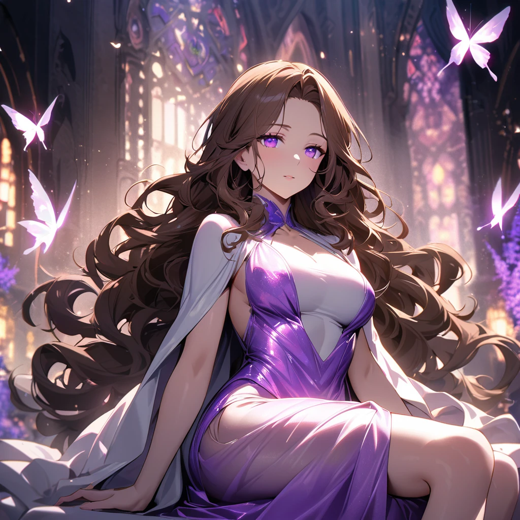 girl, brown hair, wavy hair, long hair, glowing purple eyes, magical silk fabric, mature woman, gorgeous, beautiful background, super detail, beautiful color, glowing butterfly, angel, main face, front face, sitting