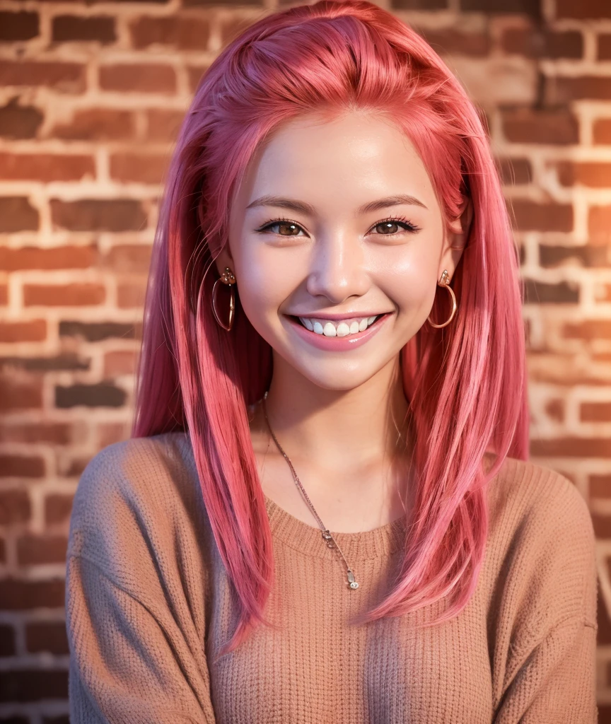 highest quality, masterpiece, Ultra-high resolution, (Realistic:1.4), (Close-up portrait) RAW Photos, 1 girl,20-year-old,((Smiling with teeth showing)),((Big smile)),((Red Brick Warehouse at night)),((background)),((Nose Piercing)),,((Passionate pink haired girl'Makeup)),((High Fashion)),Messy Hair,((Cap Chestnut)),((Short bangs)),Realistic,Image Media Chest)),