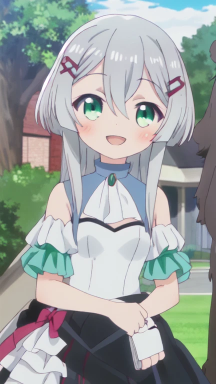 Highest quality, masterpiece, High resolution, alone, {Misaana Farrengram (Kuma Kuma Kuma Bear)}, bangs, green_eye, smile, blush, Open_mouth, One girl, Parody, dress, silver hair,可愛いモノクロdress,