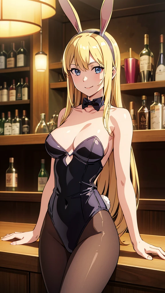 (masterpiece), (best quality), (detailed), light layer, 1solo girl, young girl, perfect body, blonde hair, defined ?????, defined collarbone, ultra realistic, photorealistic, detailed, ,Enhance, wearing abunny outfir, fisnet stocking, bunny ears, nightclub background, smiling, sittiing on a stool in the bar