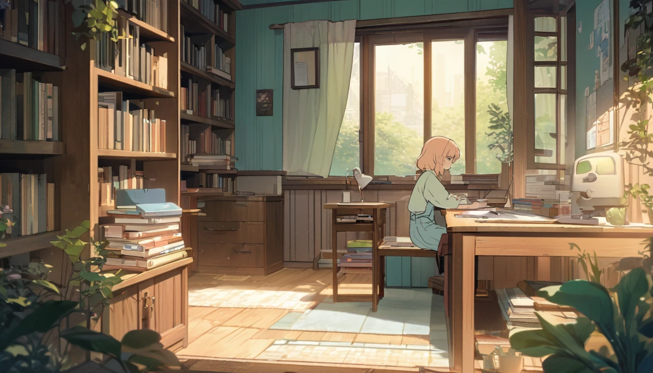 A tranquil, 1980s-style room designed for a YouTube Lofi music channel. The scene includes a cute, anime-style girl with a serene expression sitting at a desk, studying, viewed from the side. The room is cozy and charming, with wooden furniture, bookshelves filled with books, and a large window letting in natural light. Outside the window, a lush, green garden is visible. The girl is surrounded by study materials, including notebooks, pencils, and a lamp. Soft, pastel colors dominate the scene, creating a soothing and peaceful atmosphere. There are hints of everyday life, such as a cat sitting on the windowsill and a cup of tea on the desk. The overall vibe is relaxed and focused, perfect for a Lofi music channel. The artwork should have a high level of detail and clarity.