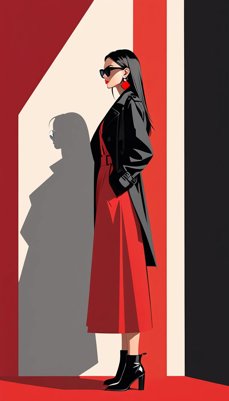 Simple vector illustration，Beautiful girl standing against the wall，unique，confidence，Long straight hair，sunglasses，Exaggerated earrings，unique，Staring at the audience），（Black deep V trench coat：1.37，Red bottoming skirt）。Looking from the bottom up，Geometric Light and Shadow，Clean and simple red background，Motion blur afterimage