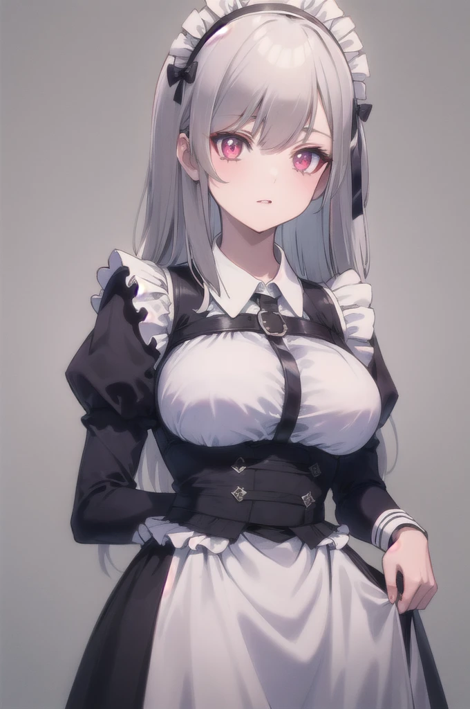 masterpiece, best quality, ultra-detailed, glistening shiny, glowing light, ray tracing, HDR, deph of field, (perfect face, detailed face), inglis, large breasts, long hair, maid uniform, maid headress, harness, long sleeves, skirt lift, thong, standing