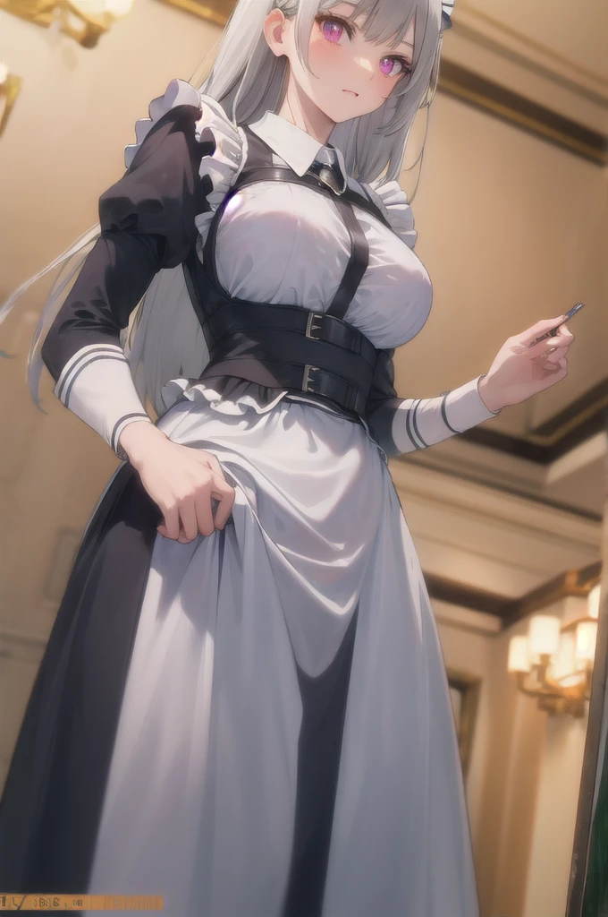 masterpiece, best quality, ultra-detailed, glistening shiny, glowing light, ray tracing, HDR, deph of field, (perfect face, detailed face), inglis, large breasts, long hair, maid uniform, maid headress, harness, long sleeves, skirt lift, thong, standing