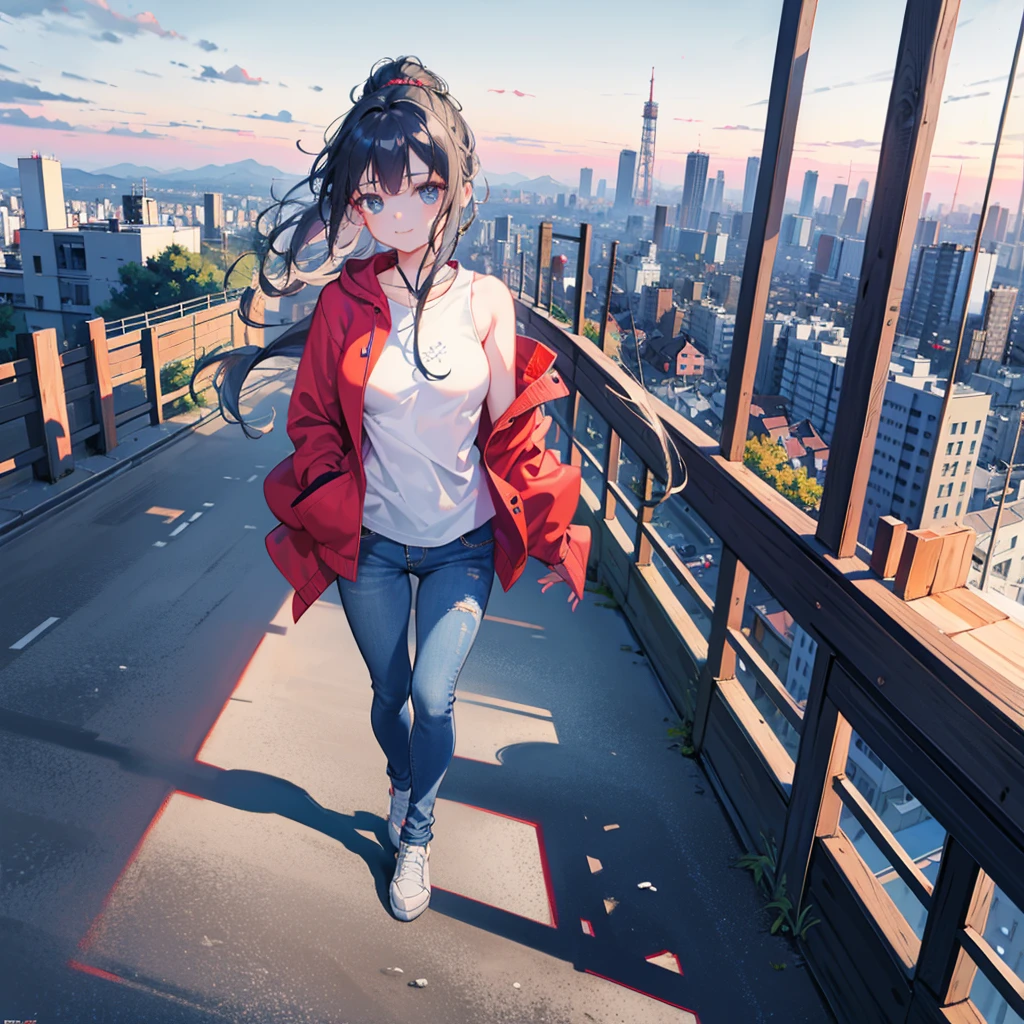 (masterpiece), (high resolution 8K), professional illustration, 1 girl, late teenage, walking, full body, bird's eye view, sweatshirt, jeans, , ponytail, smile, looking away, cityscape in Tokyo, morning, in summer, natural lighting, stunning face, detailed eyes and face