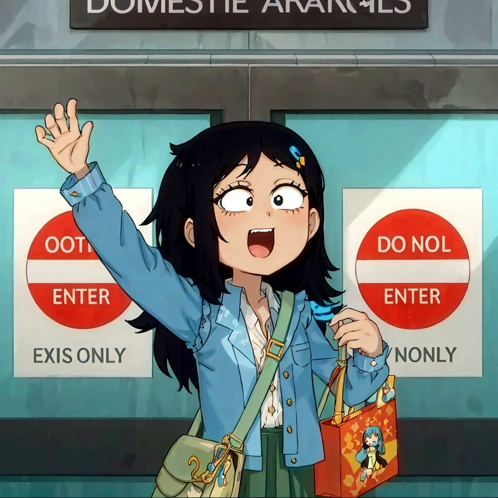 Very beautiful girl. Long black hair and black eyes Enthusiastic. Wearing a trendy light blue vest shirt. Bring anime dolls