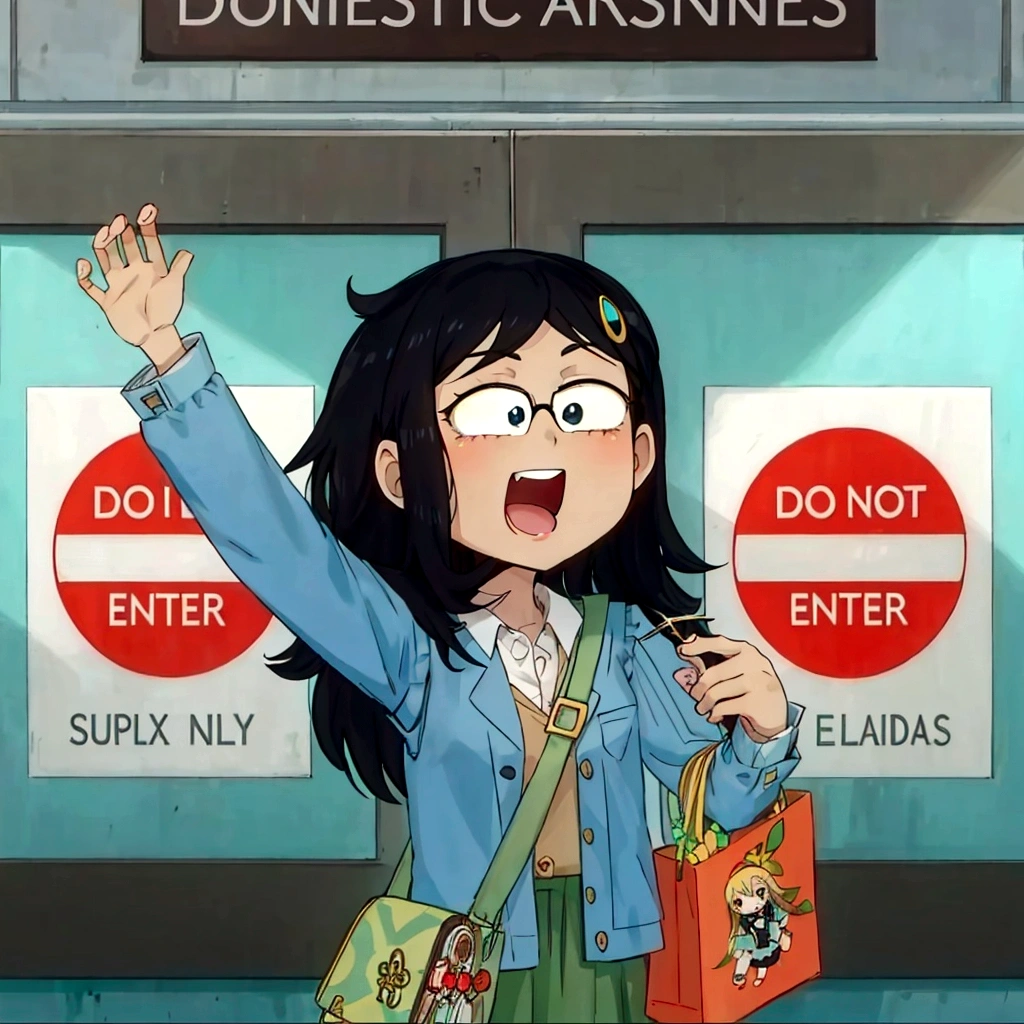Very beautiful girl. Long black hair and black eyes Enthusiastic. Wearing a trendy light blue vest shirt. Bring anime dolls