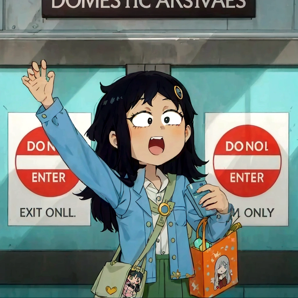 Very beautiful girl. Long black hair and black eyes Enthusiastic.  Wearing a trendy light blue vest shirt.  Bring anime dolls