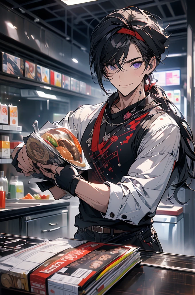 (masterpiece, highest quality, best quality, highest detailed, perfect face) 1 male, adult, muscular, broad man, angular face, long black hair tied in a ponytail, violet eyes, (Clothes: black t-shirt of understanding, red chef's bandana) in a fast food kitchen, cooking, relaxed smile, lots of food,
