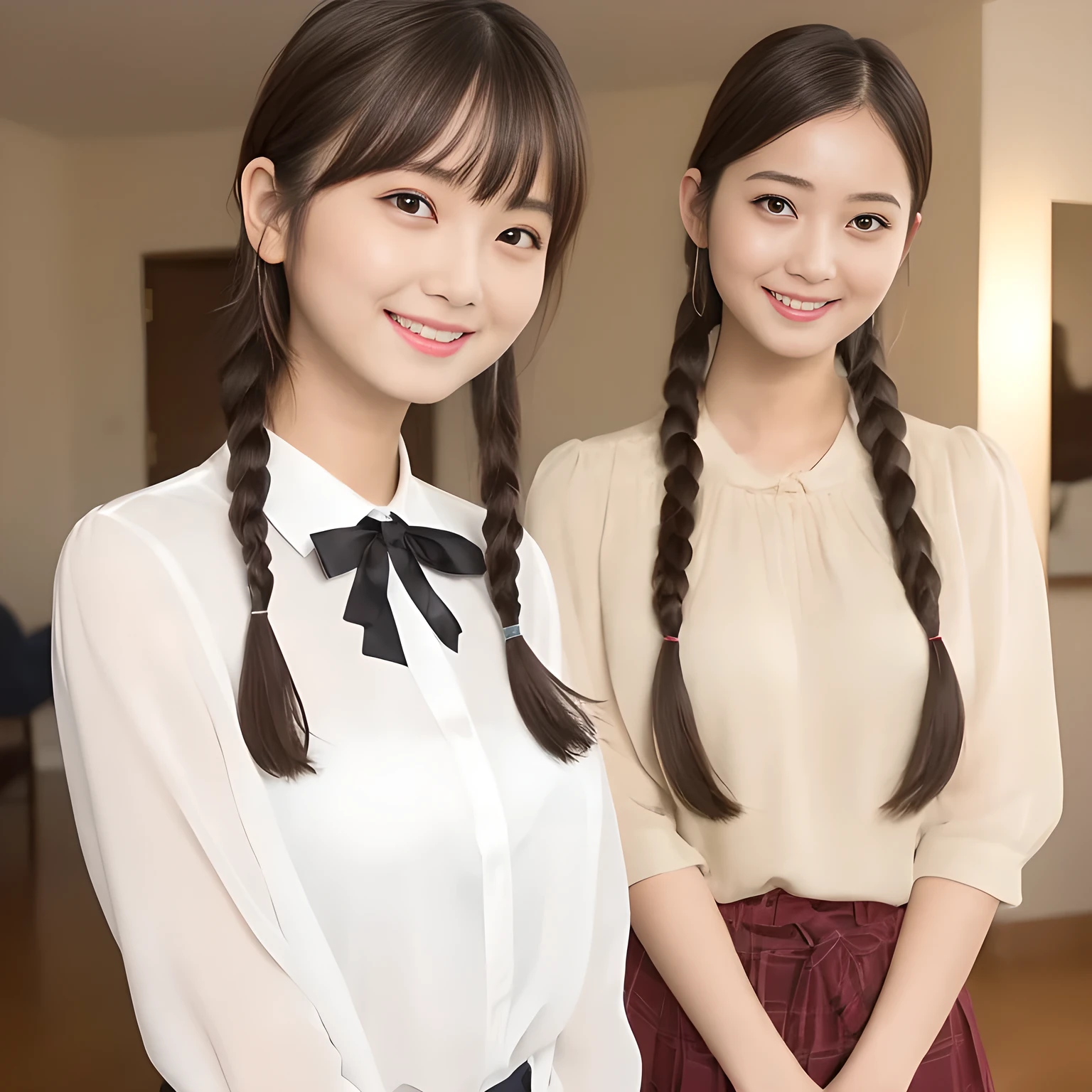 (highest quality, masterpiece:1.2), highest quality, High resolution, 1080P, 8K, Height: 158cm, ((A very intelligent, very noble, pretty and neat Japanese beautiful girl fashion model. 16 years old. Looking at the audience. Realistic fashion model)), ((((White face with plump cheeks)))), Glossy lips, (Evenly cut bangs), ((Very beautiful dark eyes)), The very large, shiny, wide red ribbon bow-tie on her chest is very cute., ((Black Hair)), ((long twin braids)), (((Cream colored blouse))), A neat uniform, Very lustrous, glossy lips, Open hand over open mouth, Beautiful hair like a hair model, Cream colored long skirt, Watching the viewer and laughing, ((Incredibly well organized, The expression is rich. plump and beautiful skin and face)), ((Pure and clear eyes)), Long eyelashes, ((laughing at me!)), A ruffled blouse will highlight the shadows., Glossy Lips, Advertisement of Japanese girl's neat school fashion, ((noble and neat)), ((fascinating like succubus))