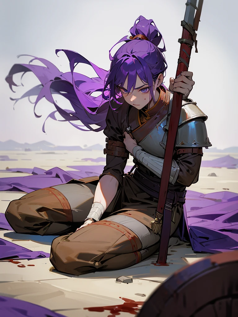 Seated warrior, on the battlefield, covered in blood, with purple hair with blood, with numerous scars, leaning on his spear