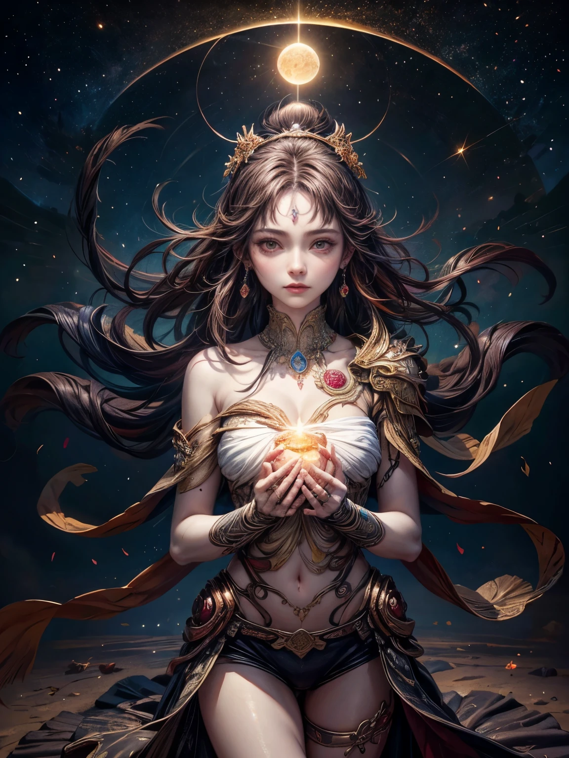 8K resolution, masterpiece, Highest quality, Award-winning works, unrealistic, Final Fantasy, Royal Jewel,Photorealistic paintings by Midjourney and Greg Rutkowski, , elegant, Very detailed, Delicate depiction of hair, Miniature Painting, Digital Painting, Art Station, Concept Art, Smooth, Sharp focus, shape, nature, Flying, Thousand-Armed Kannon Bodhisattva, Asura, God of War, Castle in the Sky, A strip of light pouring down from the sky, A pillar of light stretching into the sky, Complex colors, Buddhist Mandala, Colorful magic circle, flash, Mysterious Background, aura, A gentle gaze, break, Small faint lights and flying fireflies, night, Starry Sky, milky way, nebula, shooting star, Flowers, bird, Wind and Moon,erotic, Only sexy women, healthy shaped body, Anatomically accurate skeleton, 22-year-old woman, Asura, Height: 170cm, Large, firm, swaying bust, White Tiger