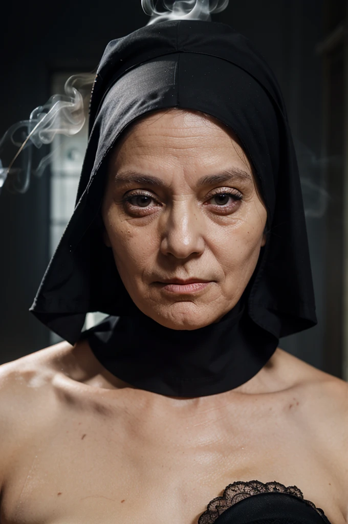 elderly nun with dark circles under her eyes smoking marijuana