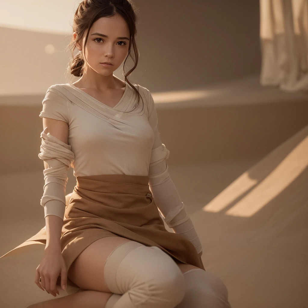 Photographie ultra réaliste d'une cosplayeuse incarnant Rey de "Star Wars". She has brown hair tied in three small buns in a row., and expressive brown eyes. Elle porte une tenue inspirée de Rey, composed of a beige top in light fabric, brown pants, sturdy boots, and bandages wrapped around his arms. Elle tient un sabre laser bleu avec assurance, Ready to fight. The background is a desert with sand dunes, évoquant la planète Jakku. La lumière du soleil couchant crée une ambiance épique et héroïque. La photo est en haute résolution, photorealistic, avec une profondeur de champ parfaite, cinematic light and exquisite detail. 8K, masterpiece, HD, photorealism, contraste parfait, High sharpness.