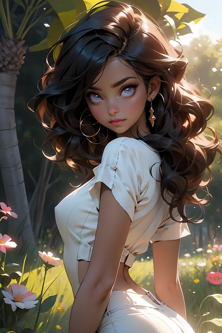 melancholy lighting, quiet, calm, brightness, masterpiece, best quality, 1girl, (JinxLol:1.2), (ultra photorealistic:1.3), (masterpiece:1.4), best quality, ((realistic)), high quality, ultra detailed, ((Real image)), ((realistic skin)), ((realistic face)),(illustration:1.05), (beautiful:1.05), (beautiful detailed eyes:1.05), (cinematic light:1.1), Full body, precise proportions, 18-year-old girl, skinny model lying on the grass, surrounding garden, tree shadow, DARK hair fluttering in the wind, tulle, long legs, slightly open feet, buttocks, blush, shyness, collarbone, abdominals, double weave, beautiful and delicate face, fair skin, real skin, (face detail), pores, super high resolution, 8k, parameters Best quality, masterpiece, super high resolution, (Realistic 2.0), More details, detailed skin, , wide smile, white teeth, voluminous DARK curly hair, perfect and well designed eyes, girlfriend, beautiful, beautiful, flowers, studio lighting