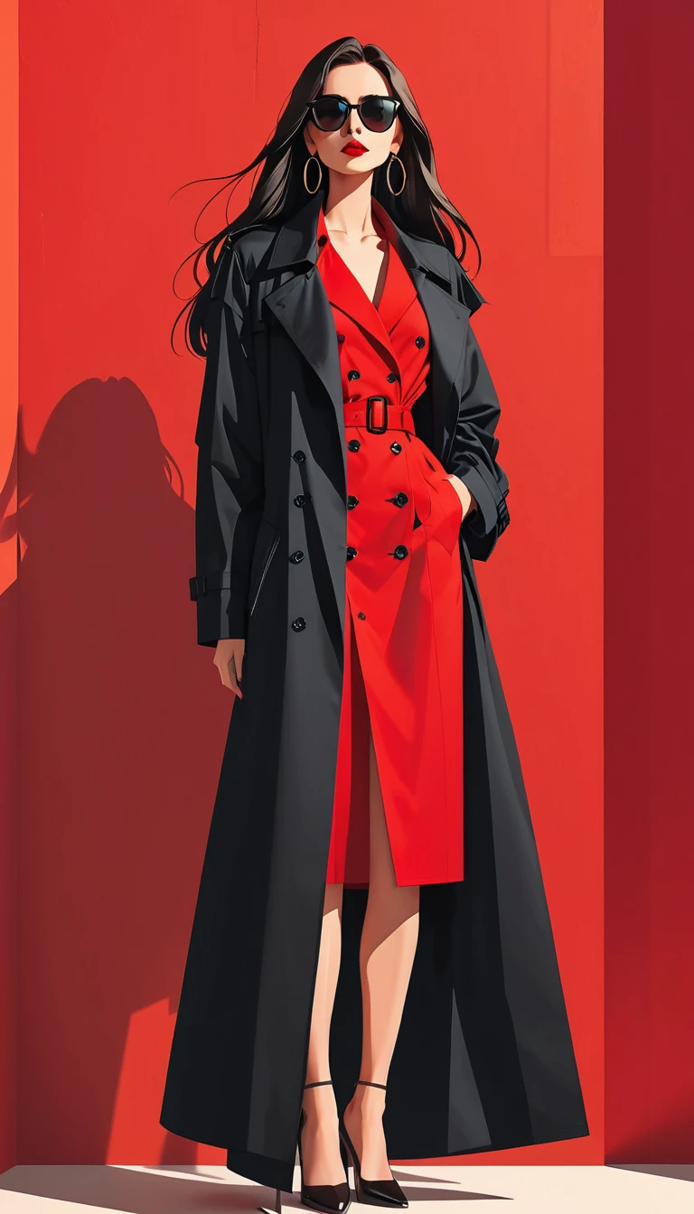 Simple vector illustration，Beautiful girl standing against the wall，Unique，confidence，Long straight hair，sunglasses，Exaggerated earrings，Unique，Staring at the audience），（Black deep V trench coat：1.37，Red bottoming skirt）。Looking from the bottom up，Geometric Light and Shadow，Clean and simple red background