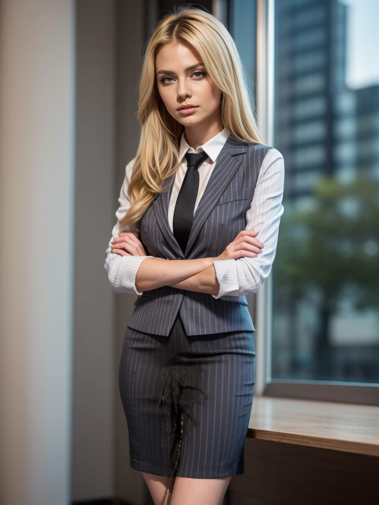 (masutepiece,High quality,16k:1.1),(depth of fields:1.3) ,((front body:1.35)), Ukrainian ,Woman, blonde,makeup,((business suit, black vertical striped pencil skirt )), voluptuous, thicc,(arms crossed:1.5) (wetting herself:1.5), (desperation:1.75),standing ,necktie peeing self, wetting her clothes