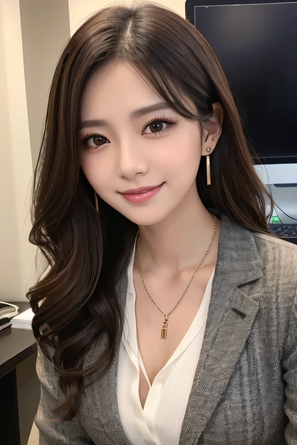 Beautiful young woman、 Dark brown hair、、Wavy Hair、Working in front of a computer、Necklace around the neck、Office Lady Suits、Jacket、Unbuttoned shirt、Flashy makeup、smile、Beautiful teeth alignment、short hair、Intricate details, Very detailed:1.2), 、 Looking into the camera,The background is the office、Necklace around the neck、Dark eyeliner、ear piercing