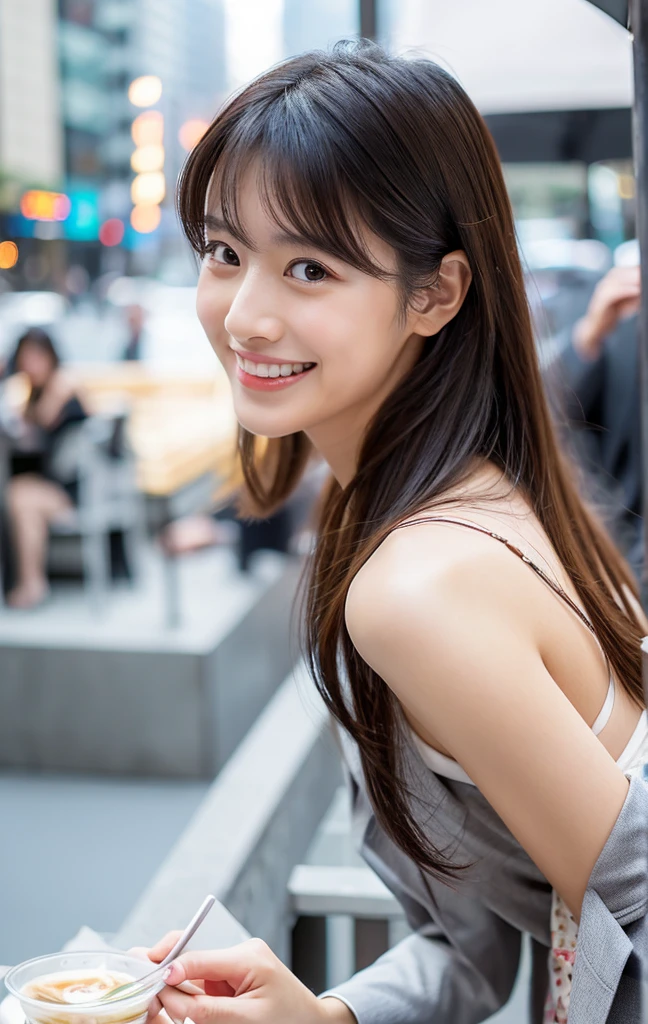 Tabletop,(Ultra HD),Japanese Girls,A delicate face during lunch,Delicate skin,Delicate nose,Delicate lips,Delicate hair,Beautiful Face,Viewer facing angle,laugh and enjoy,Stylish cafe,Beautiful cityscape,Smooth medium-long chignon,Delicate eyes(Vivid eyes),Gray business suit,Around 24 years old,Good weather,Professional Lighting,