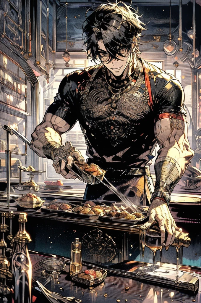 (masterpiece, highest quality, best quality, highest detailed, perfect face) 1 male, adult, muscular, broad man, angular face, long black hair tied in a ponytail, violet eyes, (Clothes: black t-shirt headband, red chef's bandana, kitchen accessories, apron,) in a fast food kitchen, cooking, relaxed smile, lots of food,