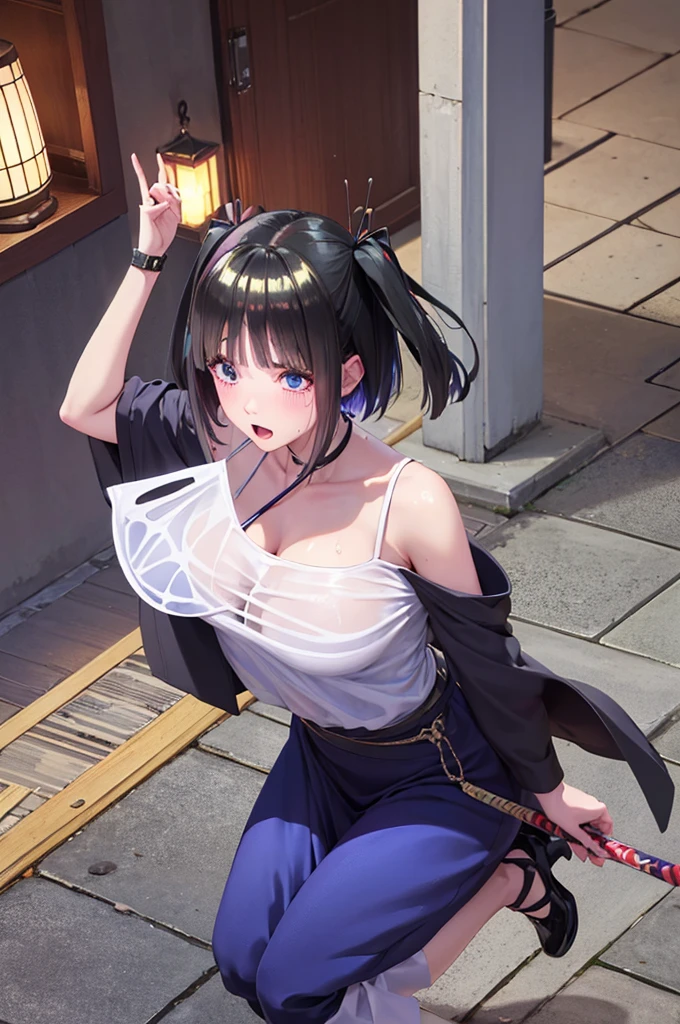 Nino nanaco、short hair, Twin tails、Random color hair、 blue eyes, hair ornaments, Hair Ribbon, blunt , Both sides up, butterfly hair ornaments, skirt,Off the shoulder、Random color see-through kunoichi costume、Japanese see-through female samurai costume、See-through female ninja costume,, Open clothes, Collared dress emphasizes cleavage、胸の谷間のSweat is noticeable、Professional lighting light reflection、 looking at viewer, (masterpiece:1.2), Highest quality, High resolution, unity 8k wallpaper, (figure:0.8), (Beautiful fine details:1.6), Highly detailed face, Perfect lighting, Highly detailed CG, (Perfect hands, Perfect Anatomy),heavy rain、heavy rainで全身びしょ濡れ、heavy rainで全身びしょ濡れの服、High heels、 ((Perfect handsの形))、(Perfect foot shape、Embarrassed expression、blush、Gestures to seduce a man、Shining Sweat、Perfect Skin,Sweat is noticeable、太もものSweat is noticeable、 Fair skin,Tight waist, Sweating profusely、Sweaty hair、Sweaty clothes、Sweaty、Visible sweat、rain-wet hair、A vast Western church with stained glass windows、Holding a Japanese sword、Athlete System、cherry blossoms
