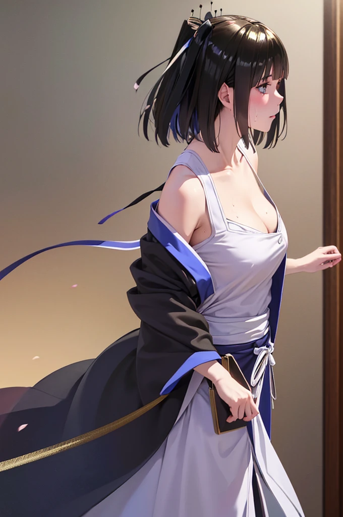 Nino　nanaco、short hair, Twin tails、Random color hair、 blue eyes, hair ornaments, Hair Ribbon, blunt , Both sides up, butterfly hair ornaments, skirt,Off the shoulder、Random color see-through kunoichi costume、Japanese see-through female samurai costume、See-through female ninja costume,, Open clothes, Collared dress emphasizes cleavage、胸の谷間のSweat is noticeable、Professional lighting light reflection、 looking at viewer, (masterpiece:1.2), Highest quality, High resolution, unity 8k wallpaper, (figure:0.8), (Beautiful fine details:1.6), Highly detailed face, Perfect lighting, Highly detailed CG, (Perfect hands, Perfect Anatomy),heavy rain、heavy rainで全身びしょ濡れ、heavy rainで全身びしょ濡れの服、High heels、 ((Perfect handsの形))、(Perfect foot shape、Embarrassed expression、blush、Gestures to seduce a man、Shining Sweat、Perfect Skin,Sweat is noticeable、太もものSweat is noticeable、 Fair skin,Tight waist, Sweating profusely、Sweaty hair、Sweaty clothes、Sweaty、Visible sweat、rain-wet hair、A vast Western church with stained glass windows、Holding a Japanese sword、Athlete System、cherry blossoms