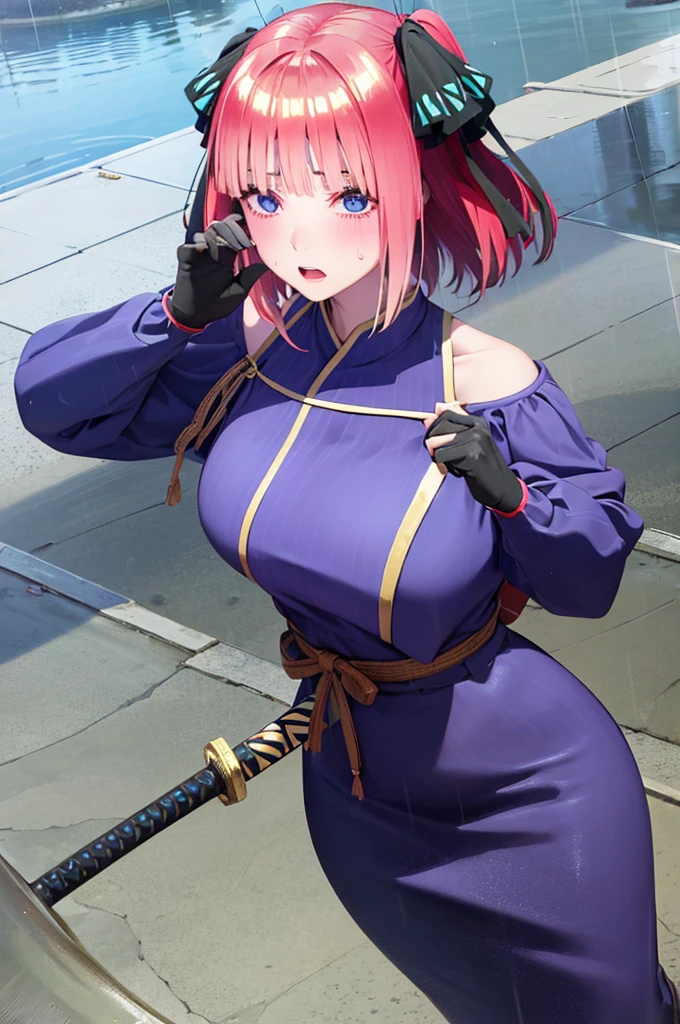 Nino nanaco、short hair, Twin tails、Random color hair、 blue eyes, hair ornaments, Hair Ribbon, blunt , Both sides up, butterfly hair ornaments, skirt,Off the shoulder、Random color see-through kunoichi costume、Japanese see-through female samurai costume、See-through female ninja costume,, Open clothes, Collared dress emphasizes cleavage、胸の谷間のSweat is noticeable、Professional lighting light reflection、 looking at viewer, (masterpiece:1.2), Highest quality, High resolution, unity 8k wallpaper, (figure:0.8), (Beautiful fine details:1.6), Highly detailed face, Perfect lighting, Highly detailed CG, (Perfect hands, Perfect Anatomy),heavy rain、heavy rainで全身びしょ濡れ、heavy rainで全身びしょ濡れの服、High heels、 ((Perfect handsの形))、(Perfect foot shape、Embarrassed expression、blush、Gestures to seduce a man、Shining Sweat、Perfect Skin,Sweat is noticeable、太もものSweat is noticeable、 Fair skin,Tight waist, Sweating profusely、Sweaty hair、Sweaty clothes、Sweaty、Visible sweat、rain-wet hair、A vast Western church with stained glass windows、Holding a Japanese sword、Athlete System、cherry blossoms