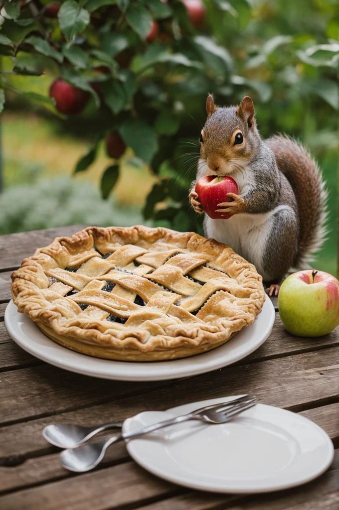 Write a squirrel eating an apple pie.
