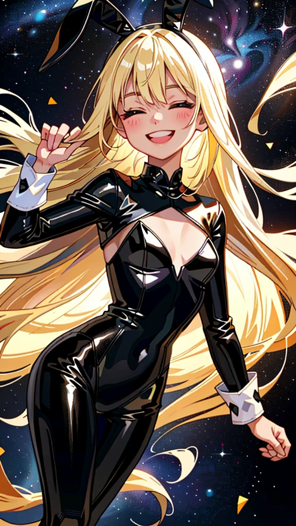 1 Female\(cute, cute,(Little),alone,18-year-old,Skin color is white,(Big smile:1.3),Half-closed eyes,Open your mouth,Hair is floating,Hair Color: Blonde,Long Hair,Eye color is cosmic,chest,Black bunny suit,Black leotard,Black rabbit ears,Bunny&#39;s Tail,Wrist cuff,Detachable collar,Black ribbon tie,Fishnet tights,Black High Heels,Rabbit Pose,Raise the hand,(whole body:0.6),Caramel Dance\), break ,background\(Simple,internal,colorful,cute room,Girlish,heart\), break ,quality\(8K,非常に精細なCGユニットのwallpaper, masterpiece,High resolution,top-quality,top-quality real texture skin,Surreal,Increase the resolution,RAW Photos,最高quality,Very detailed,wallpaper,Cinema Lighting,Ray-tracing,Golden Ratio\),(close:0.6),Better Hands,5 fingers on each hand,[Browsing Caution:1.5]