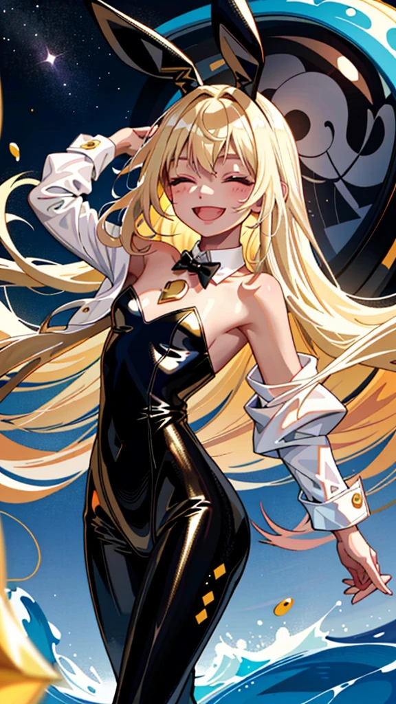 1 Female\(cute, cute,(Little),alone,18-year-old,Skin color is white,(Big smile:1.3),Half-closed eyes,Open your mouth,Hair is floating,Hair Color: Blonde,Long Hair,Eye color is cosmic,chest,Black bunny suit,Black leotard,Black rabbit ears,Bunny&#39;s Tail,Wrist cuff,Detachable collar,Black ribbon tie,Fishnet tights,Black High Heels,Rabbit Pose,Raise the hand,(whole body:0.6),Caramel Dance\), break ,background\(Simple,internal,colorful,cute room,Girlish,heart\), break ,quality\(8K,非常に精細なCGユニットのwallpaper, masterpiece,High resolution,top-quality,top-quality real texture skin,Surreal,Increase the resolution,RAW Photos,最高quality,Very detailed,wallpaper,Cinema Lighting,Ray-tracing,Golden Ratio\),(close:0.6),Better Hands,5 fingers on each hand,[Browsing Caution:1.5]