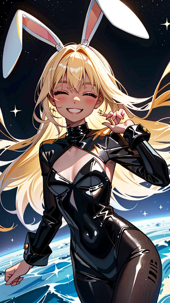 1 Female\(cute, cute,(Little),alone,18-year-old,Skin color is white,(Big smile:1.3),Half-closed eyes,Open your mouth,Hair is floating,Hair Color: Blonde,Long Hair,Eye color is cosmic,chest,Black bunny suit,Black leotard,Black rabbit ears,Bunny&#39;s Tail,Wrist cuff,Detachable collar,Black ribbon tie,Fishnet tights,Black High Heels,Rabbit Pose,Raise the hand,(whole body:0.6),Caramel Dance\), break ,background\(Simple,internal,colorful,cute room,Girlish,heart\), break ,quality\(8K,非常に精細なCGユニットのwallpaper, masterpiece,High resolution,top-quality,top-quality real texture skin,Surreal,Increase the resolution,RAW Photos,最高quality,Very detailed,wallpaper,Cinema Lighting,Ray-tracing,Golden Ratio\),(close:0.6),Better Hands,5 fingers on each hand,[Browsing Caution:1.5]