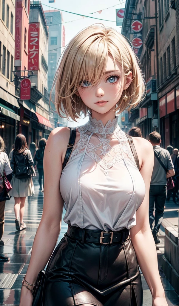 Please follow the all prompts below exactly and faithfully, This is a breathtaking masterpiece of digital illustration, with maximum resolution, UHD, 512K, 2160p, 10 million ppi, 300 million dpi, natural color tones, ultra sharp details, perfect outlines with contrast, ((smooth, soft and clearly and most realistic skin and hair texture)), most beautiful detailed eye features, perfect anatomically correct human body, beautiful background with depth, rule of thirds, depth of field, Maximize all element is used to its full potential to create the best digital illustrations, 1woman, sexy:1.5, beautiful face sharp, elegant woman, perfect body style, slender, beautiful big breasts, green eyes, blonde hair, hair over one eye, short hair, glossy very thick lips:0.7, pink lipstick:0.7, smile, Detailed casual summer outfit for an adult woman, skirt, short sleeves or sleeveless, intricate patterns and accessories, rainy city street background,