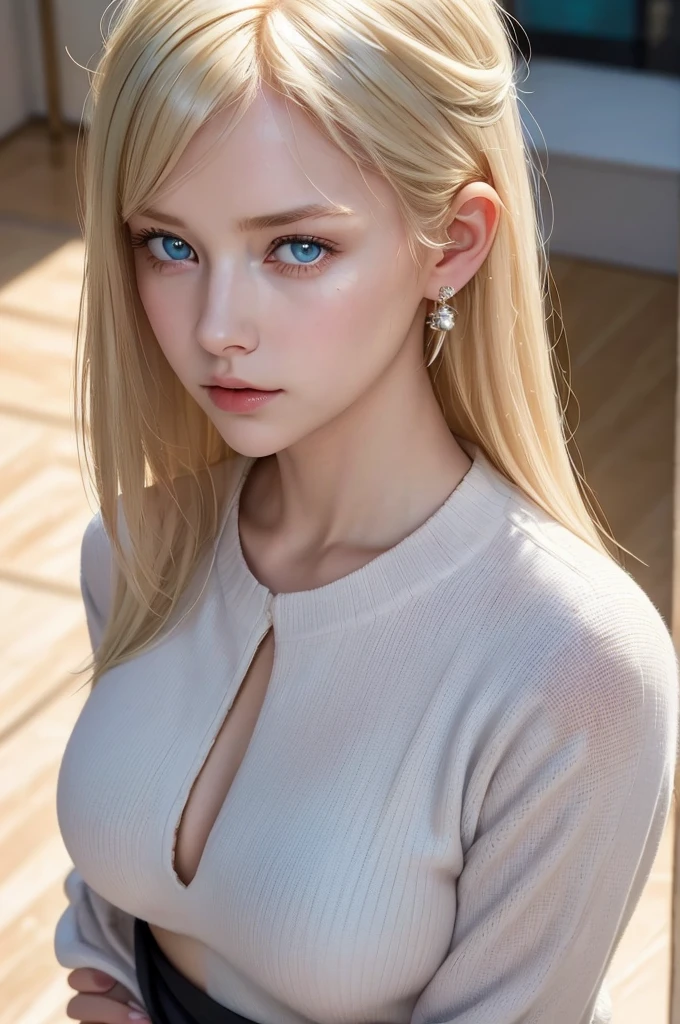 (masterpiece), (best quality), Ultra-high resolution, Raw photo, A photo-realistic, super cute woman, 1girl, (perfect face:1.2), (beautiful face:1.2), platinum blonde hair, (from above, upper body:1.3), cold look, sad expression, looking at viewer, pose, T-shirt and jacket, indoors, day time, intricate, depth of field, cinematic lighting, tears