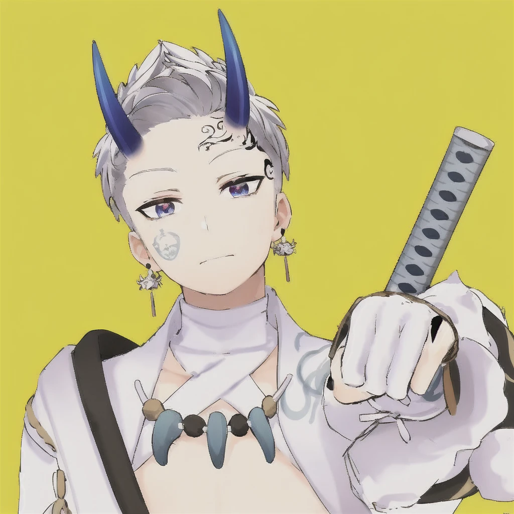 masterpiece, 1boy, silver hair, spiky hair, two blue horns on the forehead, a dragon tattoo from the forehead to the temple, a crying mask under the right eye, single-layered, kimono, thin macho man, carries a sword on his back, Draken style