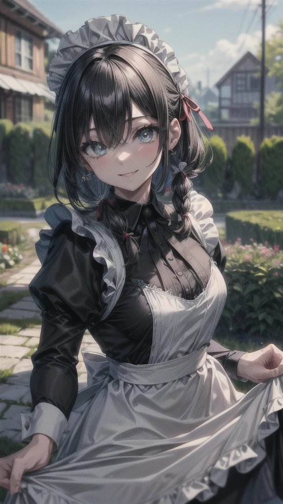 (masterpiece), best quality, (((ultra detailed, 8k quality))), expressive eyes, perfect face, perfect anatomy, perfect body, scene, AzumaFubuki, long hair, hair over one eye, hair ribbon, elegant, maid, maid headdress, smile, skirt hold, garden,