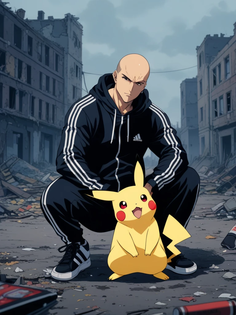 90's anime style, solo, slavic squat, drunk (muscular pikachu) wearing adidas black tracksuit, (hold smoking cigarette in pikachu's hand), smirnoff vodka bottle next to pikachu, ruined abandoned buildings in background, moody atmosphere, cinematic, detailed body, detailed eyes, 8K, best quality, full sharp, highly detailed, skin pores, natural skin texture, extreme quality