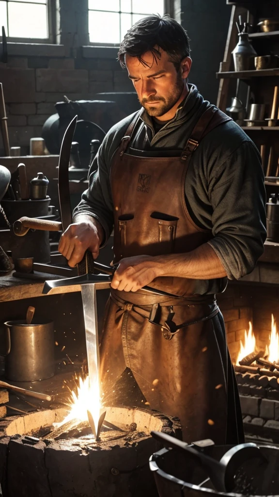 Eamon at the forge:
Describe Eamon working in his forge, fashioning swords and hammering hot iron.
Explore your daily routine and your dissatisfaction with monotonous life