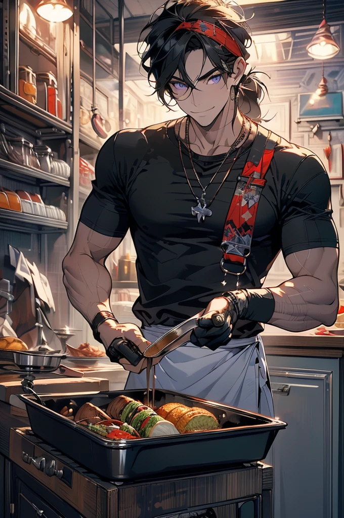 (masterpiece, highest quality, best quality, highest detailed, perfect face) 1 male, adult, muscular, broad man, angular face, long black hair tied in a ponytail, violet eyes, (Clothes: black t-shirt headband, red chef's bandana, kitchen accessories, apron,) in a fast food kitchen, cooking, relaxed smile, lots of food,