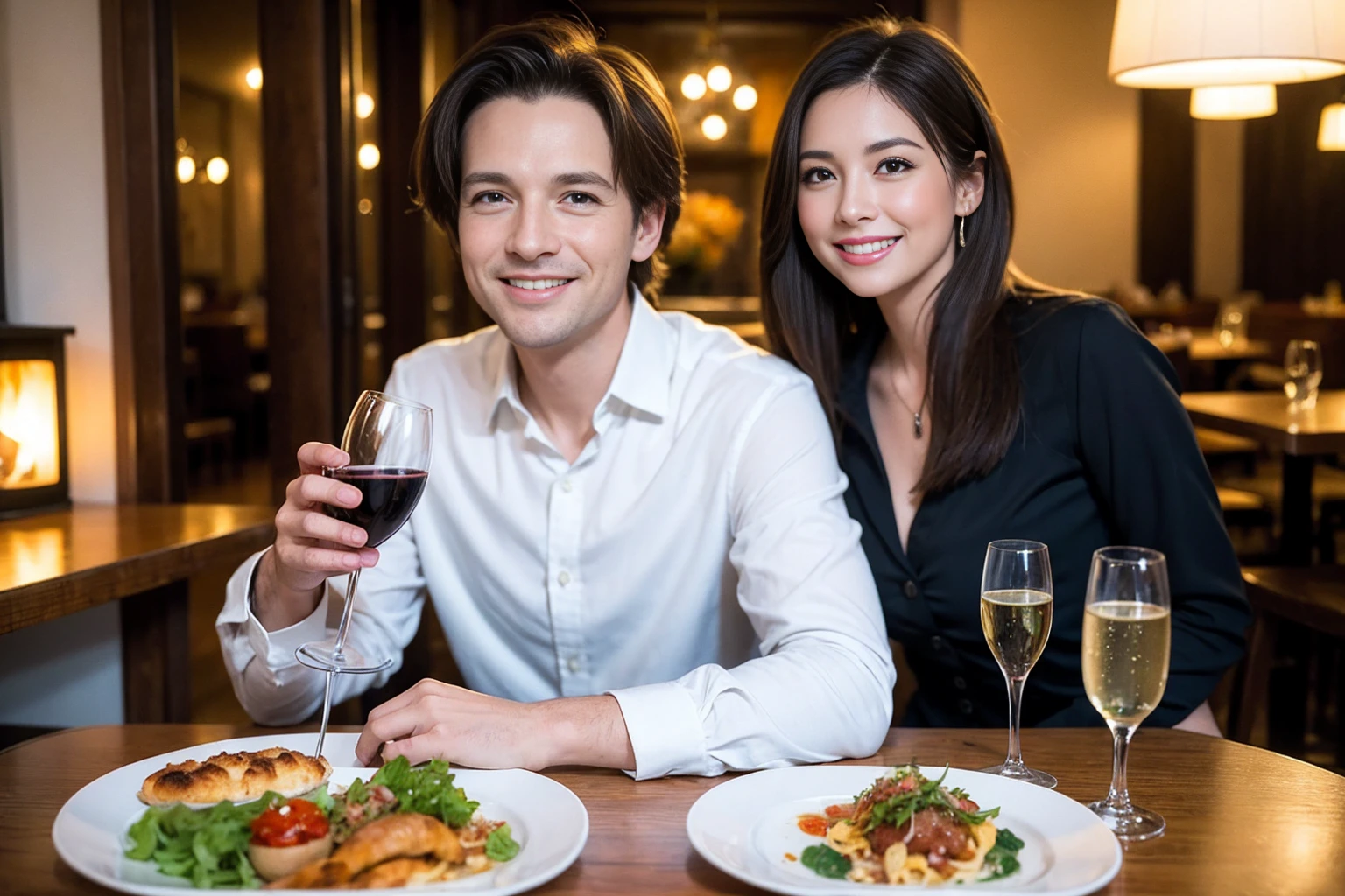 ((Highest quality、、masterpiece:1.3))、1 male、1 female、spouse、Beautiful couple、smile、full-course dinner、 (Slim face), (the body is スリム), (Brown Hair), (Shortcuts), ((Bob Hale、Straight hair:1.2)), テーブルの上のwine glass、Put the light on your face、 Amazing view of the sunset sky and clouds、smileの美しさ、Bright image、Blushing, Shortcuts, (43 years old), 39 years old, Appetizers、Italian food、Wine bottle、Champagne、sparkling wine、Long sleeve shirt、dress、Attractive beauty、restaurant, Nova Frog Style, actress, model, Upper Body, White wine, red wine, wine glass,