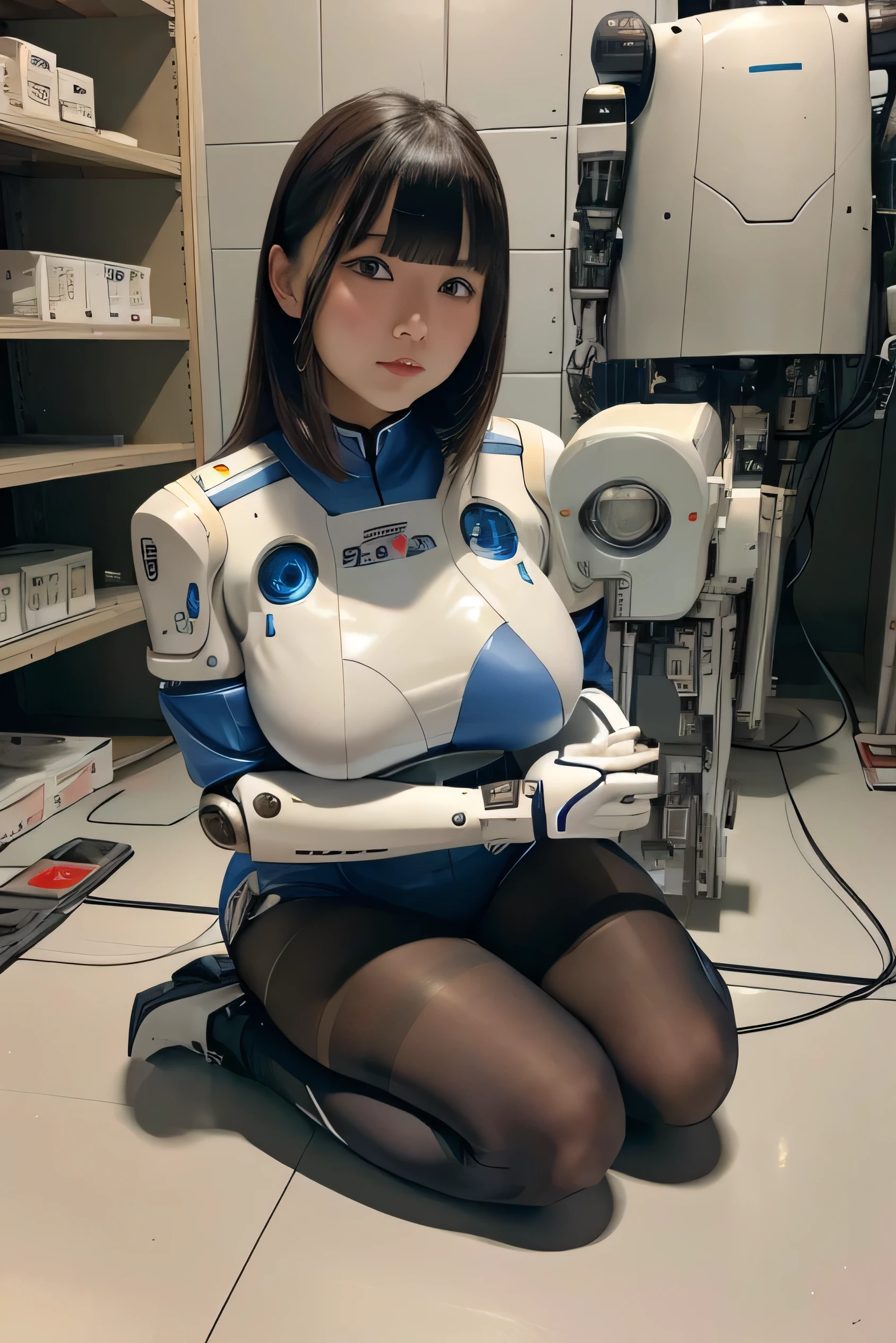 masterpiece, best quality, extremely detailed, Japanese android girl,Plump ,control panels,robot arms,robot,android,cyborg,white robot body,ceramic body,perfect robotgirl,blunt bangs,robot repair plant,chubby,pantyhose,platform sneaker,blue eyes,