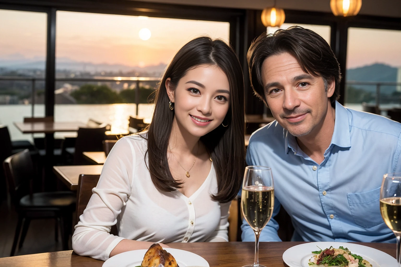 ((Highest quality、、masterpiece:1.3))、1 male、1 female、spouse、Beautiful couple、smile、full-course dinner、 (Slim face), (the body is スリム), (Brown Hair), (Shortcuts), ((Bob Hale、Straight hair:1.2)), テーブルの上のwine glass、Shine light on your face、 Amazing view of the sunset sky and clouds、smileの美しさ、Bright image、Blushing, Shortcuts, (43 years old), 39 years old, Appetizers、Italian food、Wine bottle、Champagne、sparkling wine、Long sleeve shirt、dress、Attractive beauty、restaurant, Nova Frog Style, actress, model, Upper Body, White wine, red wine, wine glass,