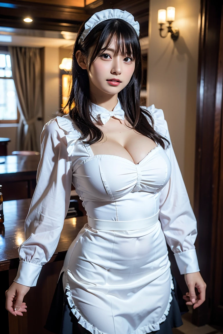 Highest quality, Ultra-high resolution, (Realistic:1.4), 1 Girl, (Complicated maid outfit:1), Curvaceous, Big Breasts, Black Hair, Show Viewer,