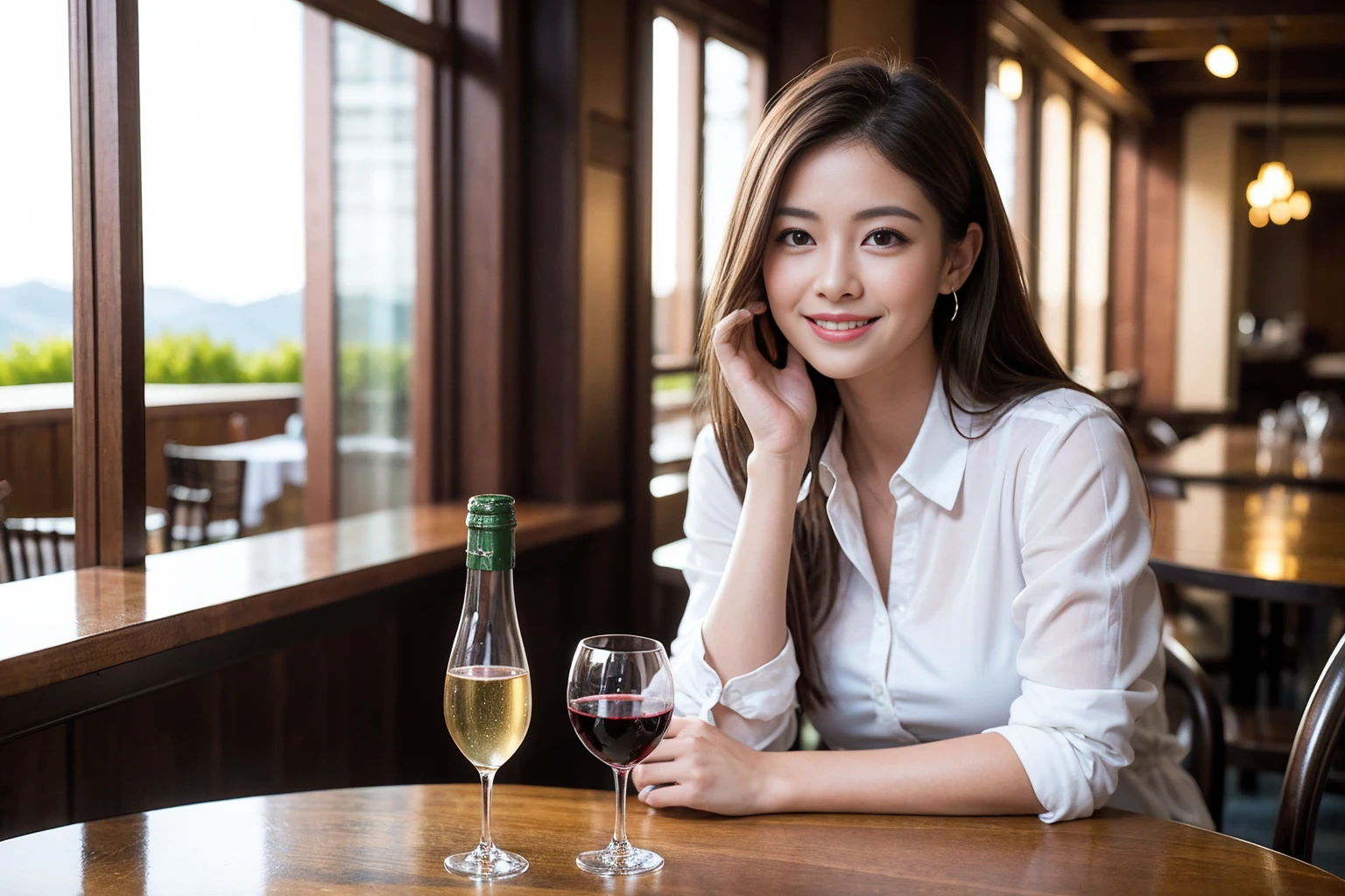 ((Highest quality、8K、masterpiece:1.3))、1 male、1 woman who resembles Satomi Ishihara、Couple、spouse、Couple、The body is slim、((Bob Hale、Straight hair:1.2)), (Realistic, Intricate details:1.2), テーブルの上のwine glass、Put the light on your face、 Amazing view of the sunset sky and clouds、Amazing mountain views、A bright smile、The wonderfulness of smile、Bright image、The beauty of wine, Beautiful Face, blue eyes, The light shines on your face, Blushing, short hair,Bright Face、42 years old), 39 years old, red wine 、Appetizers、Italian food、Wine bottle、Champagne、sparkling wine、Two beauties、Brown Hair、Shortcuts、Long sleeve shirt、dress、Beautiful woman 1, (slimな顔), (The body is slim), (Brown Hair), (Shortcuts), cheeks turn a little red,Attractive beauty、restaurant, In a prominent place (From the waist up) Nova Frog Style, actress, model, Upper Body, White wine, slim, wine glass, 中央に置かれたwine glass, smile, (smile: 1.15), Beautiful fine grain, Depth f/2,saturation, High Contrast, Strong light and shadow,Moist Body:1.5、3D texture、Delicate eyes、Brown Hair、The hair is very shiny、